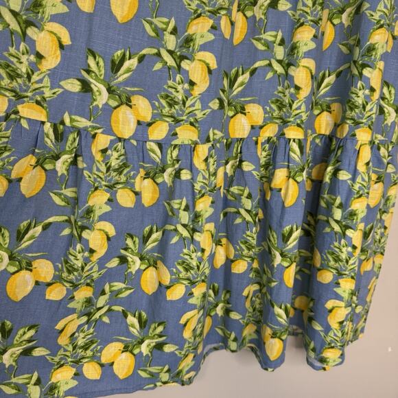 LOFT Lemon Print Tiered Swing Dress Women's Small Blue Yellow Linen Blend - Picture 4 of 13